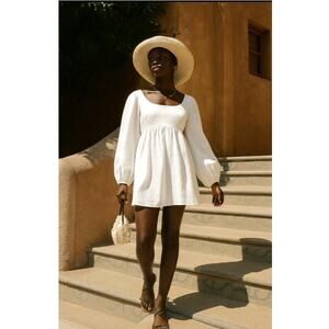 Reformation XL Ramone 100% Linen Babydoll Mini Dress Long Sleeve Fit&Flare White